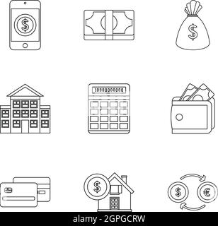 Finance icons set, outline style Stock Vector