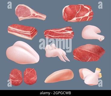 Raw meat. Plastic transparent packages with beef chicken pork and steak products animals sliced parts vector realistic Stock Vector