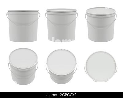 Plastic containers. Empty white buckets mockup vector packages collection Stock Vector