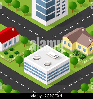 Lifestyle scene urban Isometric 3D illustration of a city block with ...
