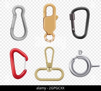 Carabine hook. Climbers for hiking loop vector keys and lock illustrations realistic Stock Vector