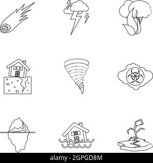 Natural disasters icons set, outline style Stock Vector