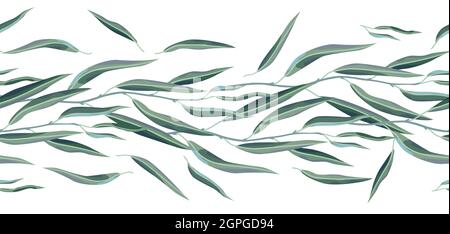 Seamless pattern with willow branches and green leaves. Spring or summer stylized foliage. Stock Vector