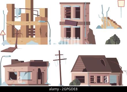 Abandoned houses. Old trouble damaged facade decayed exterior destroyed buildings vector flat pictures Stock Vector