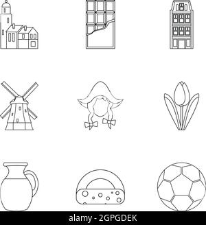 Holiday in Holland icons set, outline style Stock Vector
