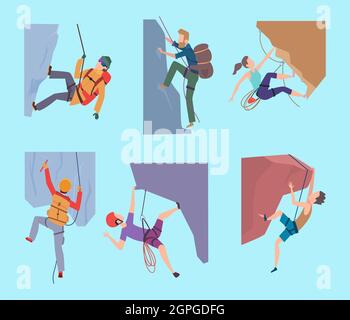 Climbing characters. Sport rocking people walking in mountain extream male and female climbers hikers vector set Stock Vector