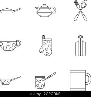 Dishes icons set, outline style Stock Vector