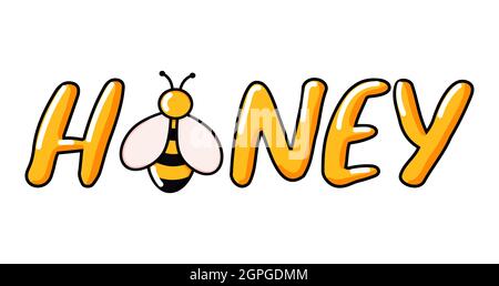 Honey text doodle lettering vector illustration beehive drawn in cartoon style. Simple handwritten doodle style lettering. Natural organic bee honey. Letters isolated on white background.  Stock Vector