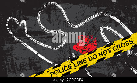 Crime scene background with police yellow tape and dead body with blood. Vector illustration of criminal mystery murder. Stock Vector