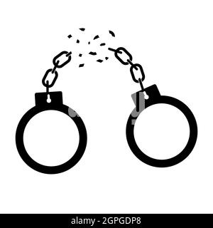 Broken handcuff icon. Freedom concept. Vector symbol of human strenge. Silhouette illustration isolated on white. Stock Vector