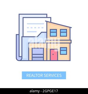 Realtor services - modern line design style icon on white background. Neat detailed image of package of paper documents and a modern building. Profess Stock Vector