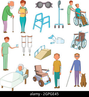 Disability people care icons set, cartoon style Stock Vector