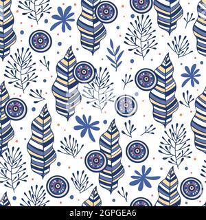 Blue doodle pattern outline hand drawn vector. Floral seamless texture. Abstract leaf plant design Stock Vector