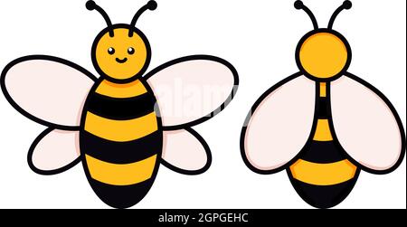 Cute set of bees vector illustration in doodle style. Colorful collection of bumblebees kids drawing for icon and logo design in yellow and black colors isolated on white background Stock Vector