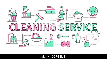 Cleaning service - line design style modern banner. Selection of neat images on the topic of household chores. Taking out the trash, washing dishes, d Stock Vector