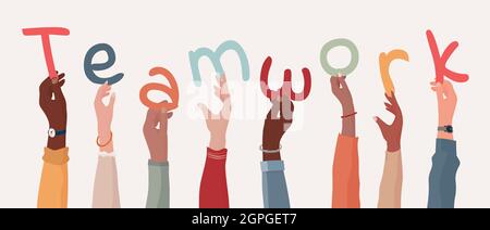 Group of arms and raised hands of diverse multicultural business people holding a letters forming the text -Teamwork- Collaboration between colleagues Stock Vector