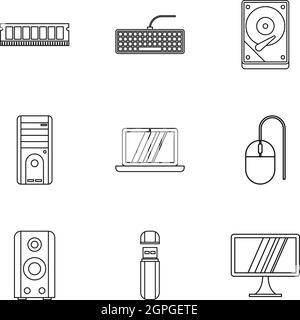 Computer icons set, outline style Stock Vector