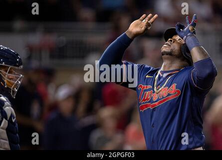 Minneapolis, United States. 28th Sep, 2021. Minnesota Twins' Miguel Sano (22) crosses the plate after hitting a home run in the seventh inning against the Detroit Tigers on Tuesday, Sept. 28, 2021 at Target Field in Minneapolis, Minnesota. (Photo by Carlos Gonzalez/Minneapolis Star Tribune/TNS/Sipa USA) Credit: Sipa USA/Alamy Live News Stock Photo