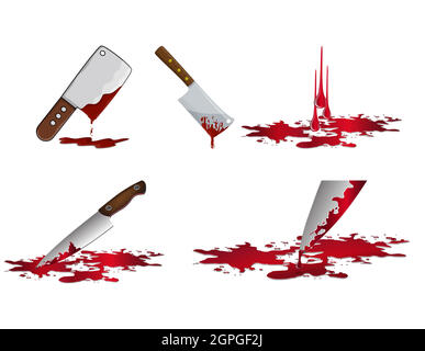 Bloody knife set. Murder weapon with red blood stains. Criminal vector illustration isolated on  white. Stock Vector