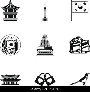 Tourism in South Korea icons set, simple style Stock Vector