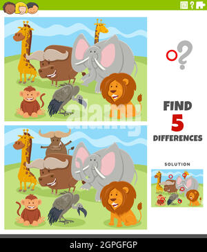 differences educational game with wild animal characters Stock Vector
