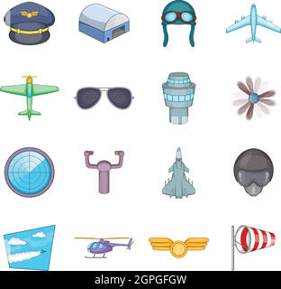 Aviation icons set, cartoon style Stock Vector