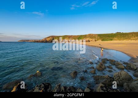 France, Cotes d'Armor, Plevenon, La Fosse beach along the GR 34 hiking trail or customs trail, Cap Frehel in the background Stock Photo