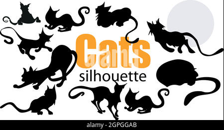 Vector set silhouettes of cats in different poses Stock Vector