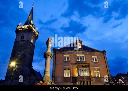 France, Bas Rhin, Obernai, Place du Marche, summer evening, town hall, Sainte Odile fountain, felfry Stock Photo