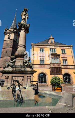 France, Bas Rhin, Obernai, Place du Marche, town hall, Sainte Odile fountain, felfry Stock Photo
