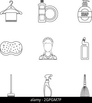 Cleaning icons set, outline style Stock Vector