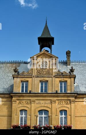 France, Doubs, Le Russey, square, city hall dated 19th century, old covered market and justice of the peace, facade Stock Photo