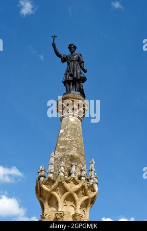 France, Doubs, Le Russey, square, fountain dated 19th century, column with statue of missionary Dominique Parrenin Stock Photo