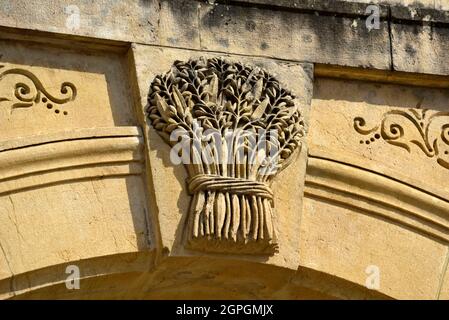 France, Doubs, Le Russey, square, city hall dated 19th century, old covered market and justice of the peace, facade, ears of wheat Stock Photo