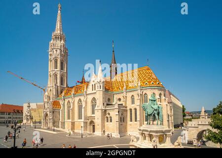Hungary, Budapest, listed as World Heritage by UNESCO, Buda district, castle hill, Matthias church and the equestrian statue of Saint Stephen (St Stephen) Stock Photo