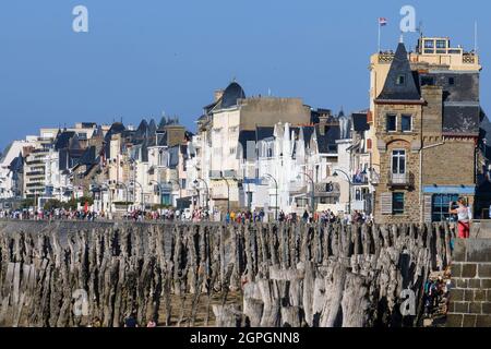 France brittany saint malo wooden stakes driven into the sand on the beach  Stock Photo - Alamy