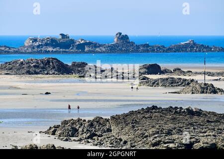 France, Ile et Vilaine, Cote d'Emeraude (Emerald Coast), Saint Jacut de la mer, Pointe du Chevet, the beach and rocks between the point of the Chevet and the island of Hebihens at low tide Stock Photo