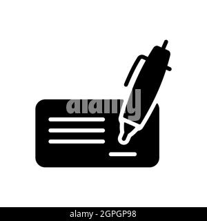 Blank bank check with pen and signature glyph icon Stock Vector