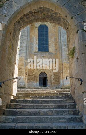 France, Dordogne, Perigord Noir, Saint Amand de Coly, labelled Les Plus Beaux Villages de France (The Most Beautiful Villages of France), main entrance of the fortified church in the Medieval village Stock Photo