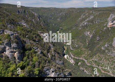 France, Lozere, La Malene, view of the Gorges du Tarn from the Roc des Hourtous, the Causses and the Cevennes cultural landscape of Mediterranean agro-pastoralism, listed as World Heritage by UNESCO Stock Photo