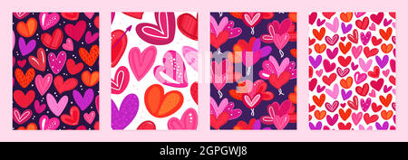 Set of cover templates with colorful hearts with hand-drawn texture. Designs for Valentine's Day. Symbol of love. Designs is for notebook, planner, diary, poster, card. Size A4. Vector illustration Stock Vector