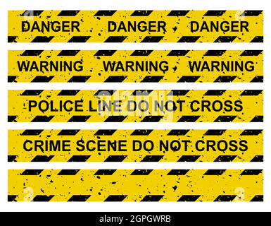 Caution tape set. Yellow warning ribbon collection with different texts:  do not cross police line, crime scene, danger, warning and blank. Vector criminal border isolated on white. Stock Vector