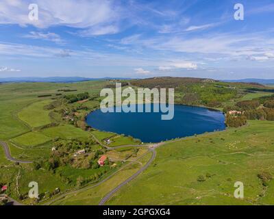 France, Haute Loire, Saint Front, Saint Front lake, maar type explosion volcanic crater (aerial view) Stock Photo