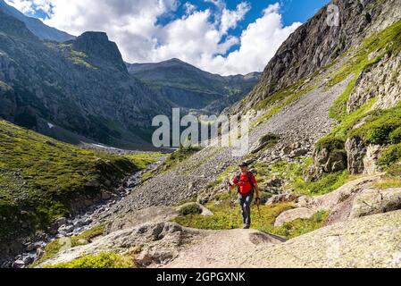 France, Haute-Savoie (74), Mont Blanc Massif, Vallorcine, le Buet, Vallon de Tré-les-Eaux, hiker in the valley Stock Photo