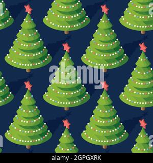 Seamless Pattern with Isometric Christmas Tree with Red Star. Vector Illustration. Happy New Year. Stock Vector