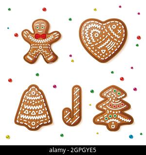 Set of Gingerbread Christmas Cookies Isolated on White Background. Vector Illustration. Christmas Tree, Bell, Gingerbread Man, Heart and Candy. Stock Vector