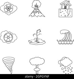 Disaster icons set, outline style Stock Vector