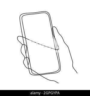 Minimalism hand drawn vector hand holding phone in modern abstract one line drawing graphic style. Decor print, wall art, creative design social media. Trendy template isolated on white background Stock Vector