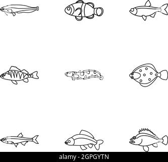 Fish icons set, outline style Stock Vector