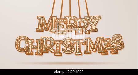 Merry Christmas Text. Greeting Card with Glazed Phrase in Cookie Style. Gingerbread Letters Hanging on Strings. Vector Illustration. Stock Vector
